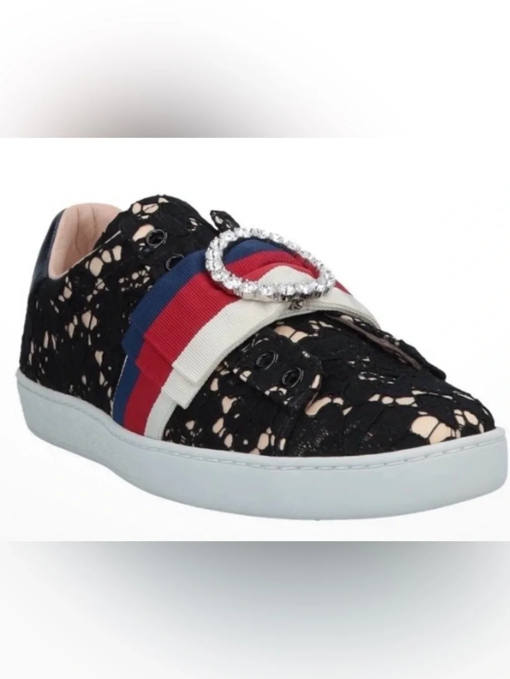 Size 5 Gucci Black Lace Sneakers with Red-Navy-White Ribbon and Crystal Buckles